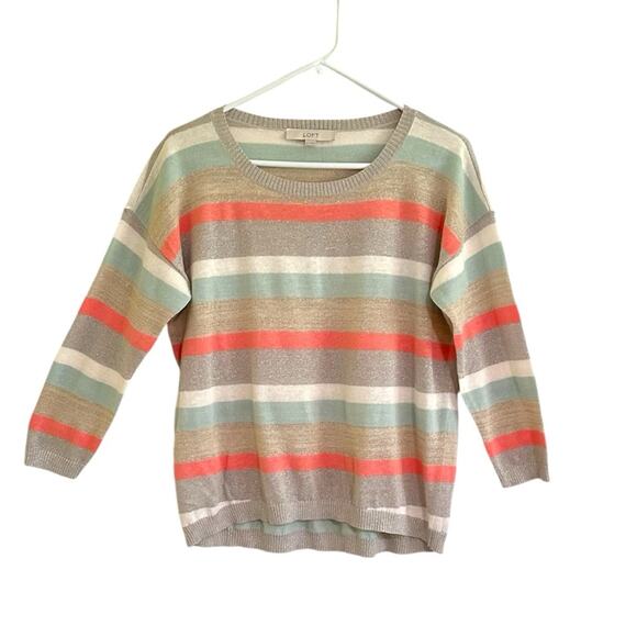 LOFT Shimmer Striped 3/4 Sleeve Sweater Size Small Lightweight Metallic Silver - Picture 1 of 6